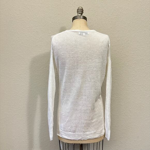 WHITE + WARREN Knotted Crew Neck Sweater White Linen LS Open Knit - Picture 2 of 11